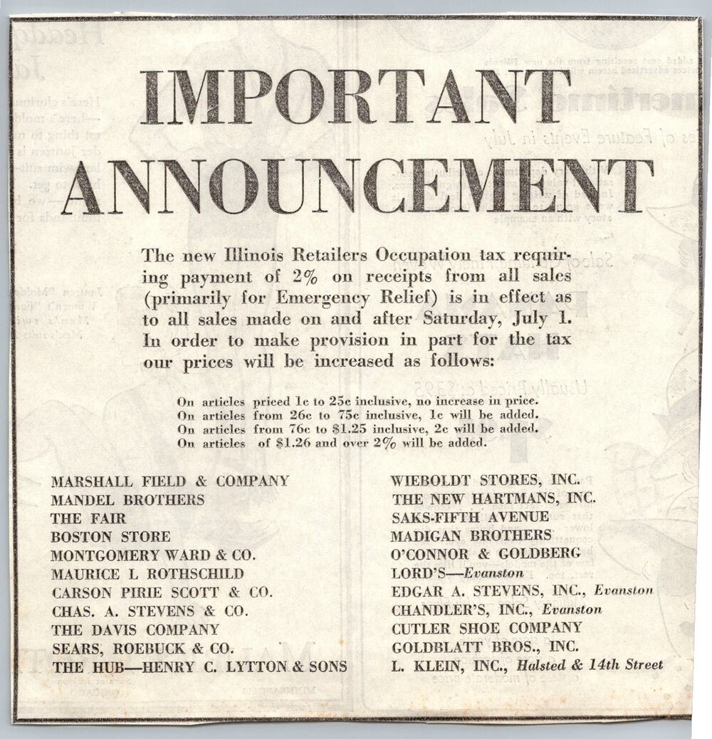 1933 Illinois Retailers Occupation Tax Announcement Chicago Department Stores